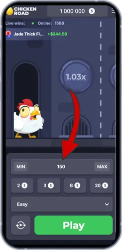 Chicken Road Einsatzwahl – Betrag auf 150 setzen, Stufe Easy, Play-Button