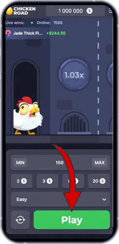 Chicken Road Spielstart – Play-Button drücken, Multiplikator 1.03x aktiv