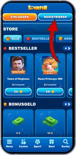 Spinfin Casino Startseite – Registrieren-Button, Bestseller-Slots und Bonusgeld-Übersicht